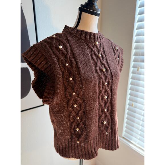 OntWelfth Metallic Knit Sleeveless Sweater Vest with Pearls – Brown Shimmer, XL - Picture 11 of 15